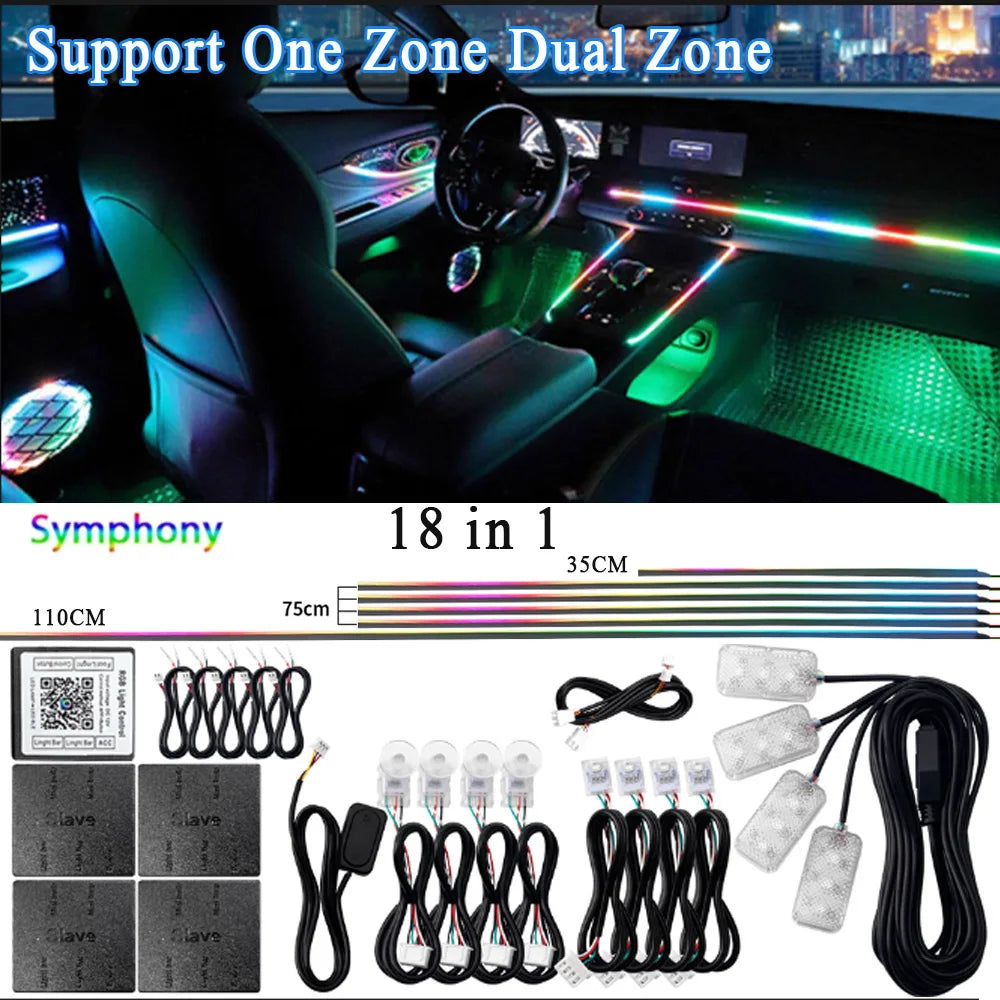 18/22 in 1 Acrylic Led Car Ambient Light RGB 213 64 Color Bluetooth Rainbow Strip Streamer Interior Symphony Atmosphere Lamp 12V